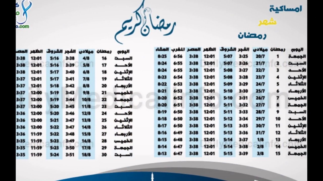 امساكية رمضان 2019 مصر - مواعيد الصلوت والافطار والامساك 5783